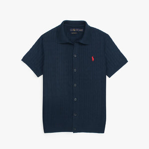 RL BUTTON DOWN CABLE KNITTED POLO BLUE