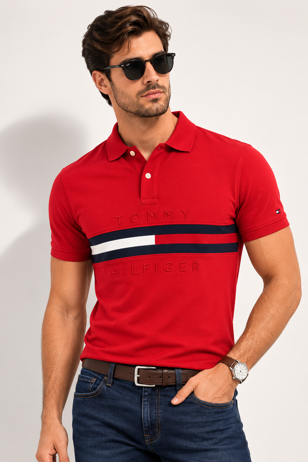 TH CHEST STRIPE POLO SHIRT RED