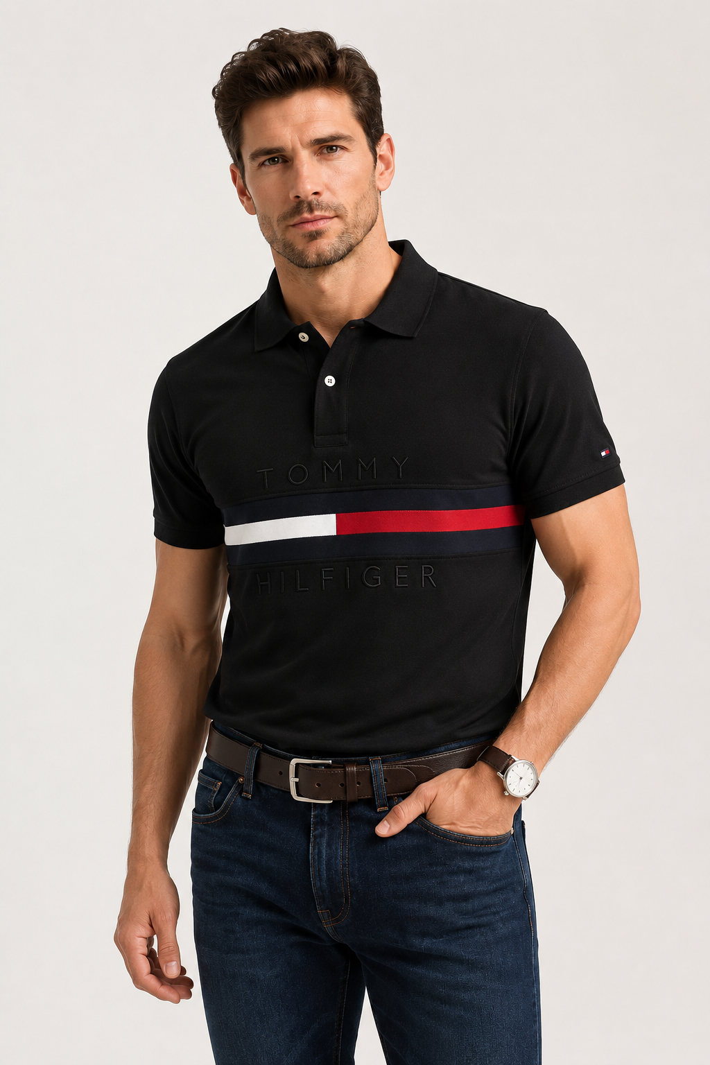 TH CHEST STRIPE POLO SHIRT BLACK