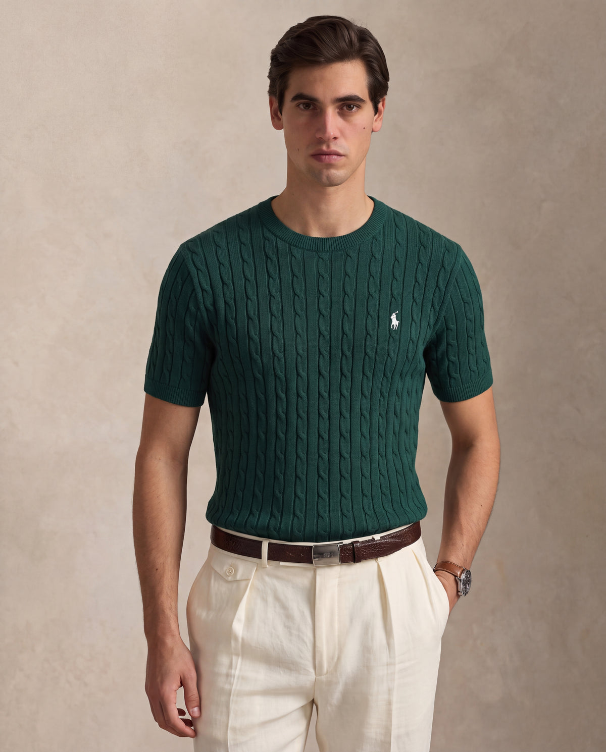 RL CABLE KNITTED ROUND NECK GREEN