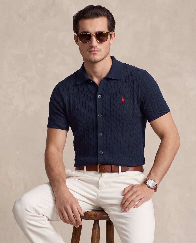 RL BUTTON DOWN CABLE KNITTED POLO BLUE