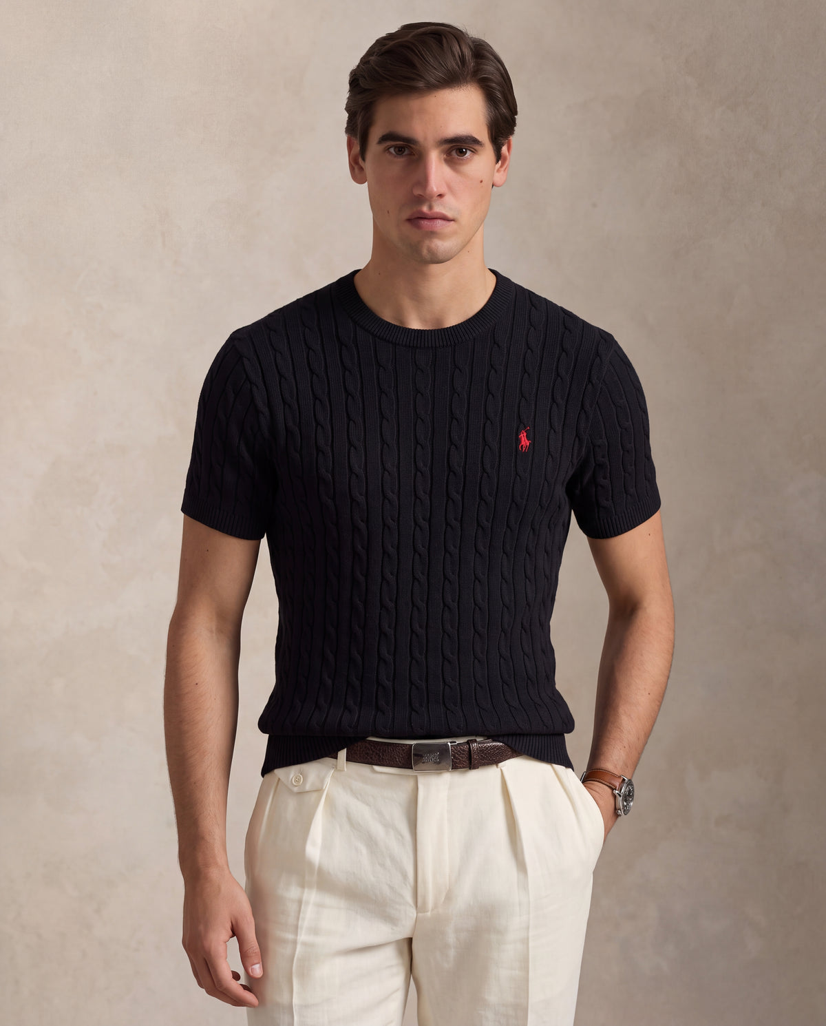RL CABLE KNITTED ROUND NECK BLACK