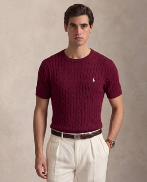 RL CABLE KNITTED ROUND NECK BURGUNDY