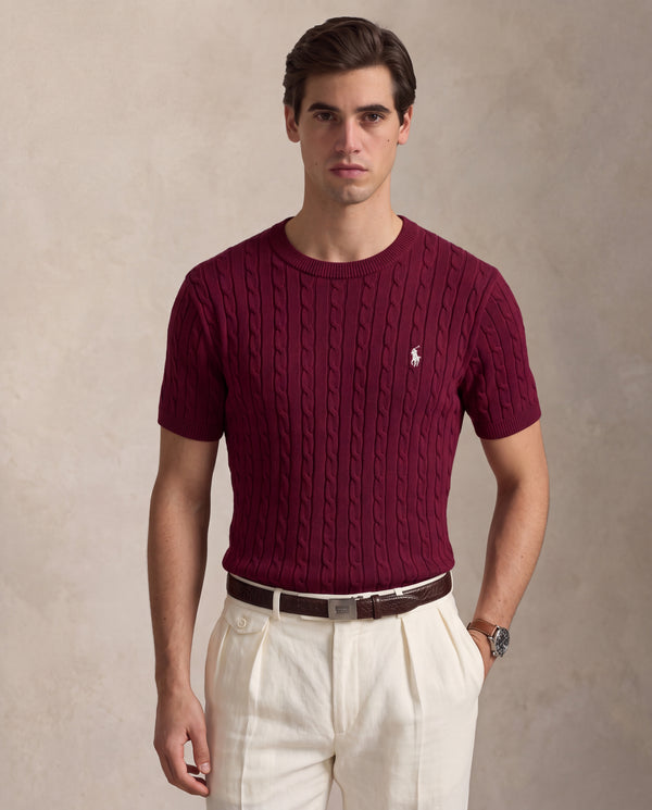 RL CABLE KNITTED ROUND NECK BURGUNDY
