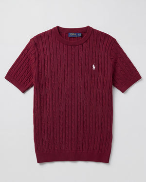 RL CABLE KNITTED ROUND NECK BURGUNDY
