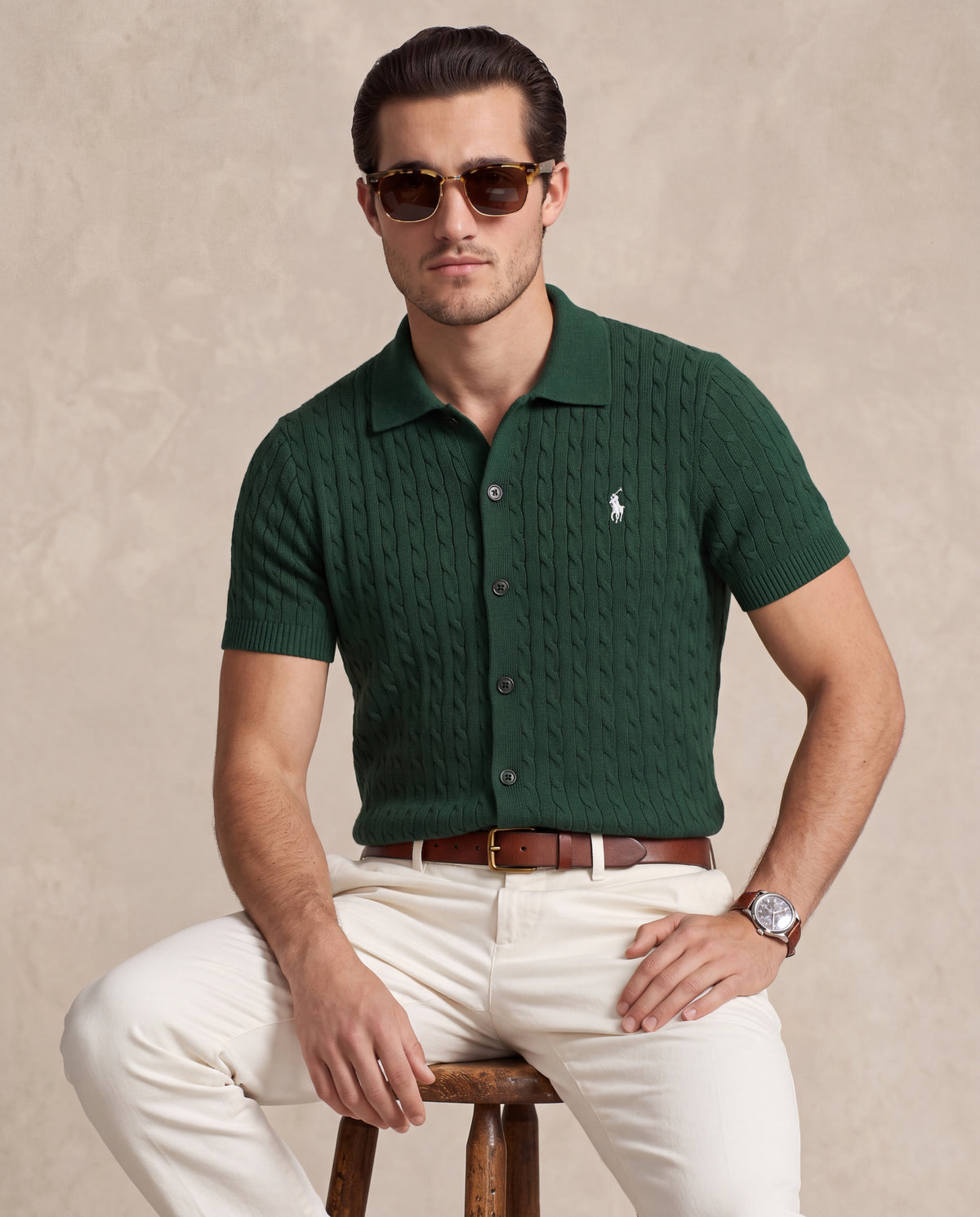 RL BUTTON DOWN CABLE KNITTED POLO GREEN